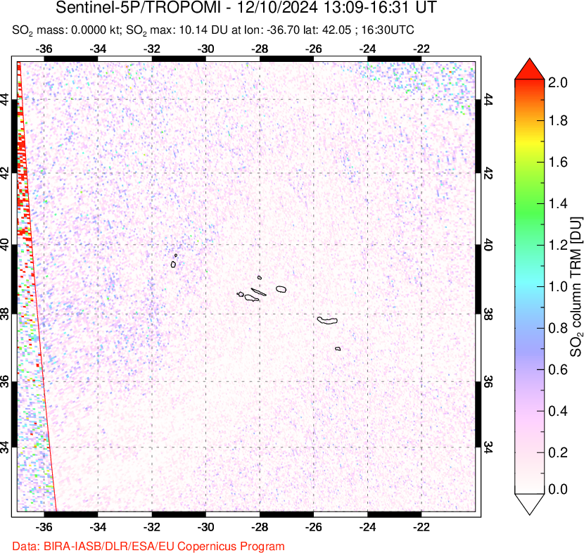 A sulfur dioxide image over Azore Islands, Portugal on Dec 10, 2024.