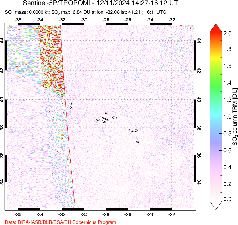 A sulfur dioxide image over Azore Islands, Portugal on Dec 11, 2024.