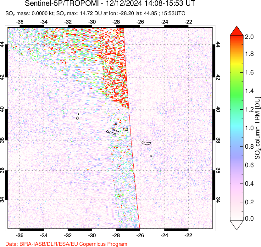 A sulfur dioxide image over Azore Islands, Portugal on Dec 12, 2024.