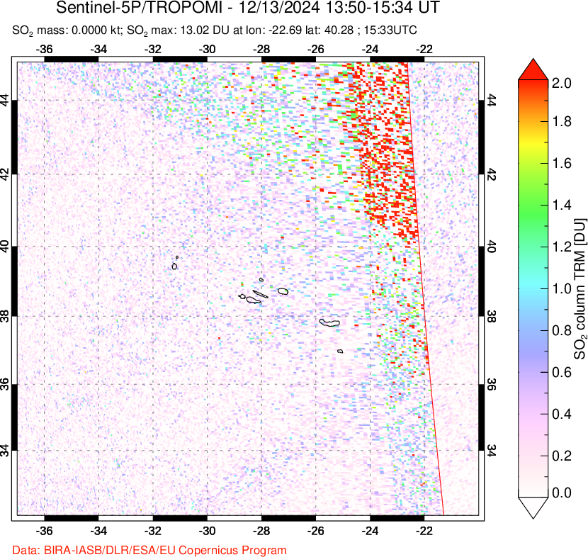 A sulfur dioxide image over Azore Islands, Portugal on Dec 13, 2024.