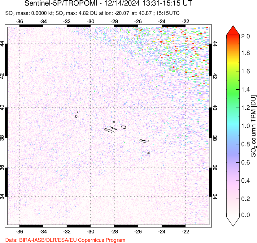 A sulfur dioxide image over Azore Islands, Portugal on Dec 14, 2024.