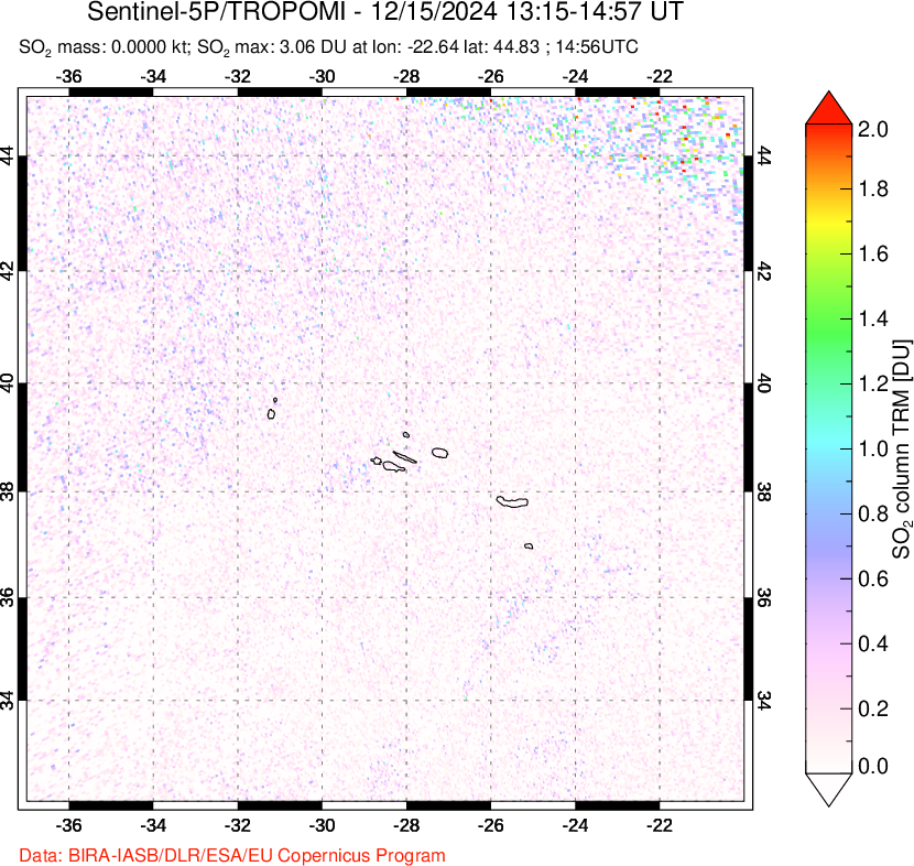 A sulfur dioxide image over Azore Islands, Portugal on Dec 15, 2024.