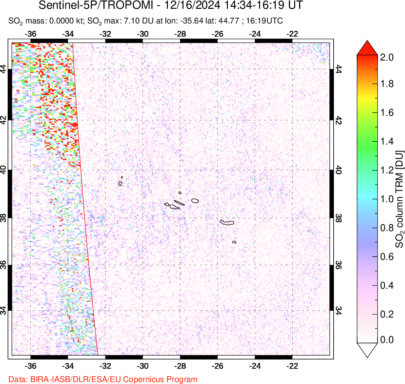 A sulfur dioxide image over Azore Islands, Portugal on Dec 16, 2024.