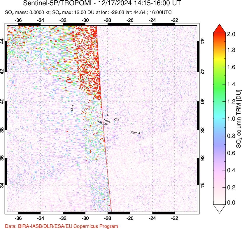 A sulfur dioxide image over Azore Islands, Portugal on Dec 17, 2024.