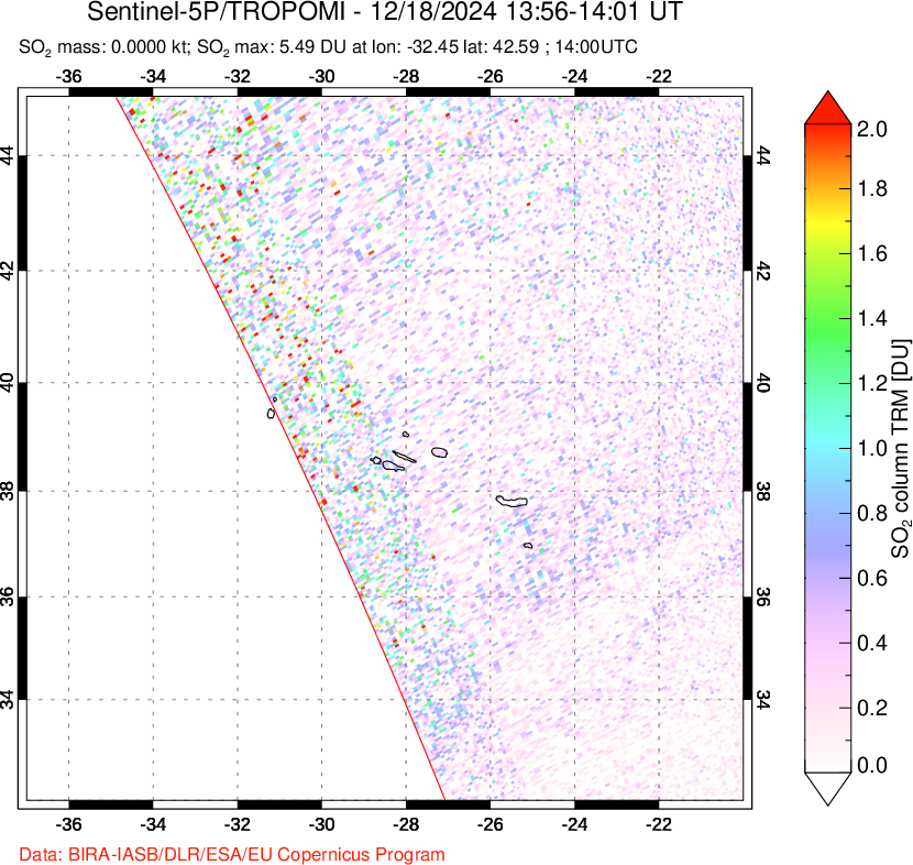 A sulfur dioxide image over Azore Islands, Portugal on Dec 18, 2024.