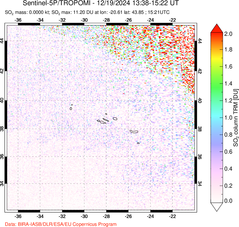 A sulfur dioxide image over Azore Islands, Portugal on Dec 19, 2024.