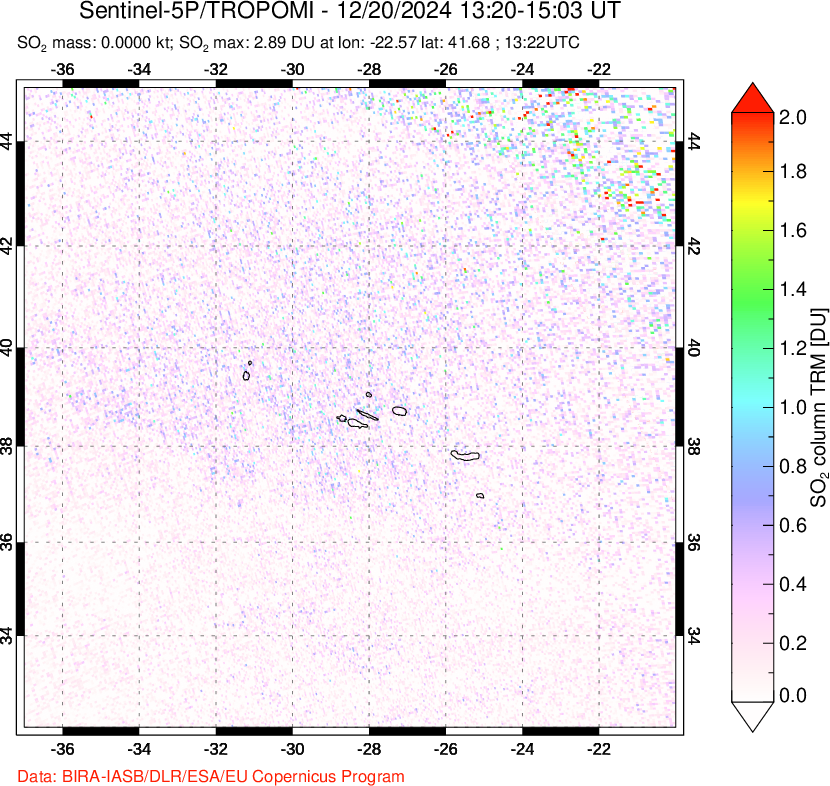 A sulfur dioxide image over Azore Islands, Portugal on Dec 20, 2024.