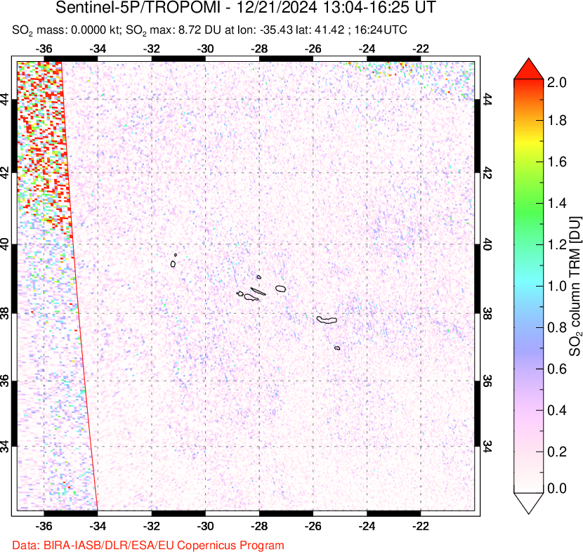 A sulfur dioxide image over Azore Islands, Portugal on Dec 21, 2024.