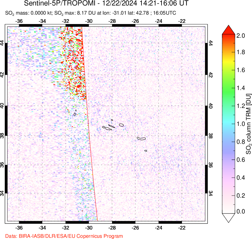 A sulfur dioxide image over Azore Islands, Portugal on Dec 22, 2024.