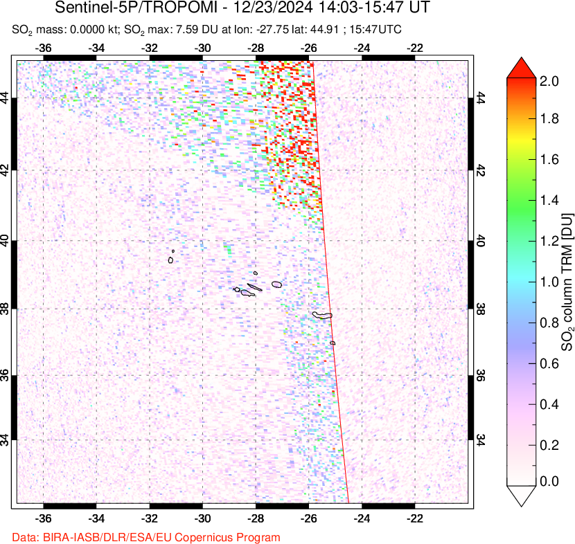 A sulfur dioxide image over Azore Islands, Portugal on Dec 23, 2024.