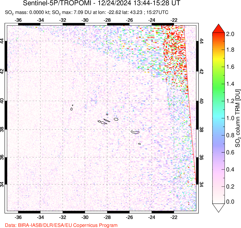 A sulfur dioxide image over Azore Islands, Portugal on Dec 24, 2024.