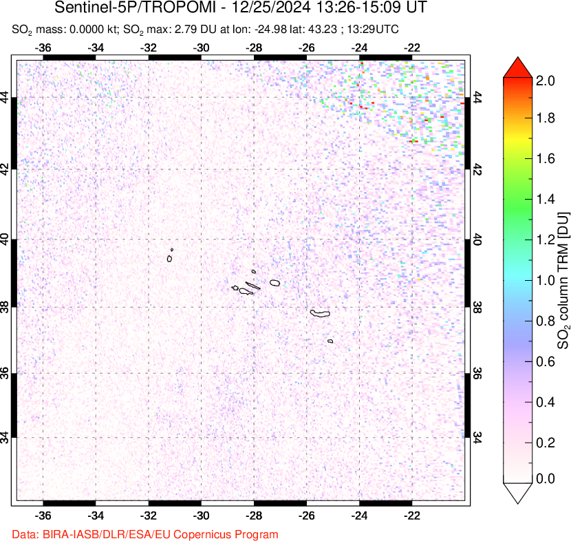 A sulfur dioxide image over Azore Islands, Portugal on Dec 25, 2024.