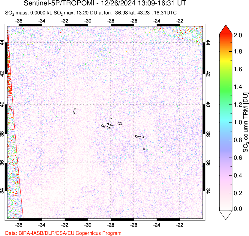 A sulfur dioxide image over Azore Islands, Portugal on Dec 26, 2024.