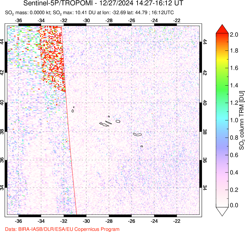 A sulfur dioxide image over Azore Islands, Portugal on Dec 27, 2024.