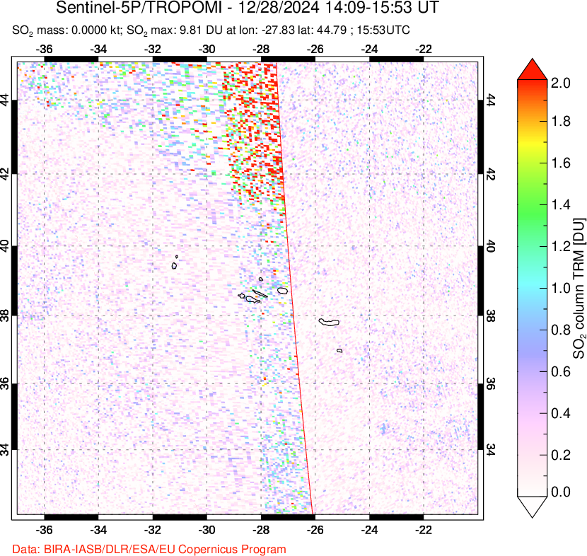 A sulfur dioxide image over Azore Islands, Portugal on Dec 28, 2024.