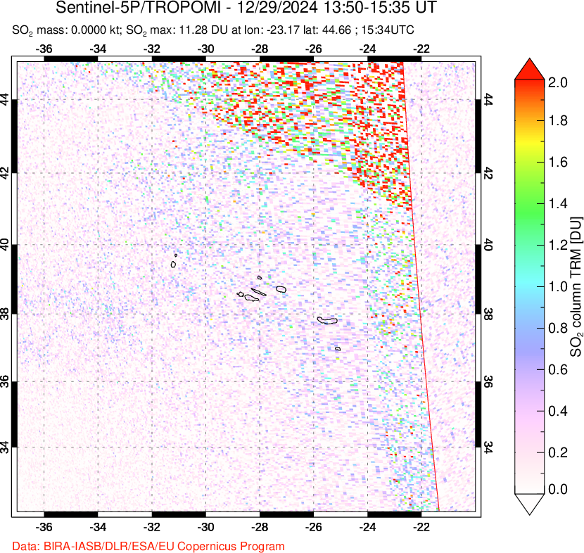 A sulfur dioxide image over Azore Islands, Portugal on Dec 29, 2024.