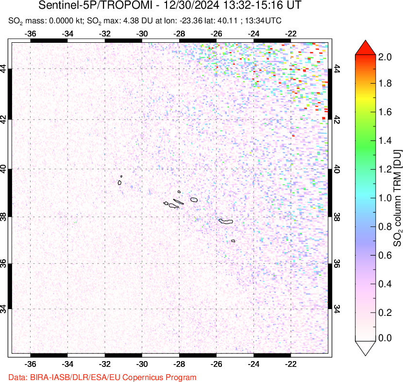 A sulfur dioxide image over Azore Islands, Portugal on Dec 30, 2024.