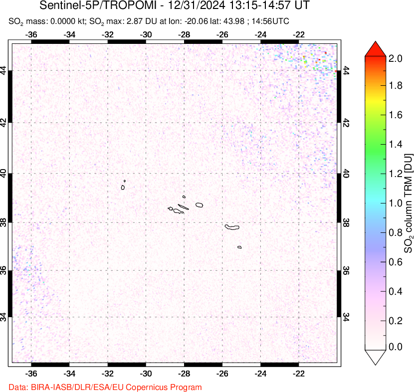 A sulfur dioxide image over Azore Islands, Portugal on Dec 31, 2024.