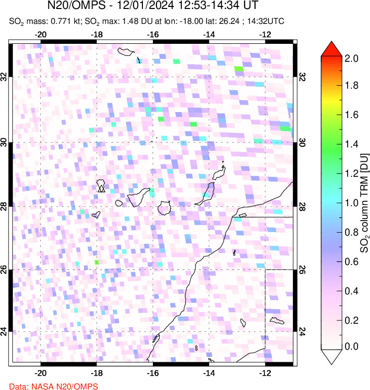 A sulfur dioxide image over Canary Islands on Dec 01, 2024.