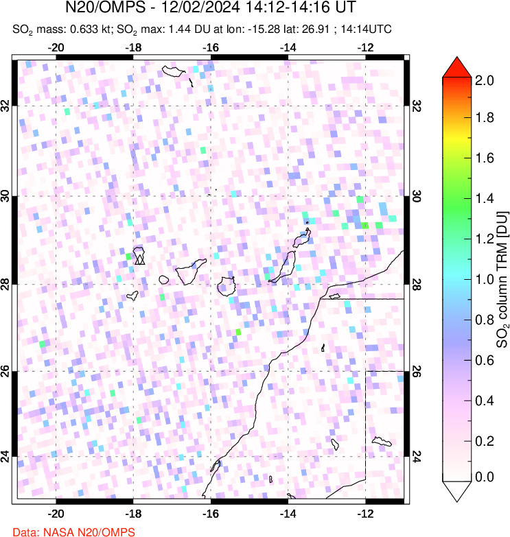 A sulfur dioxide image over Canary Islands on Dec 02, 2024.