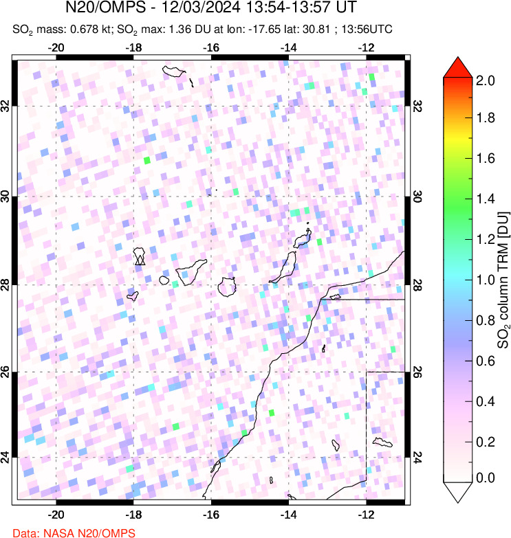 A sulfur dioxide image over Canary Islands on Dec 03, 2024.