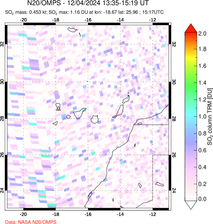 A sulfur dioxide image over Canary Islands on Dec 04, 2024.