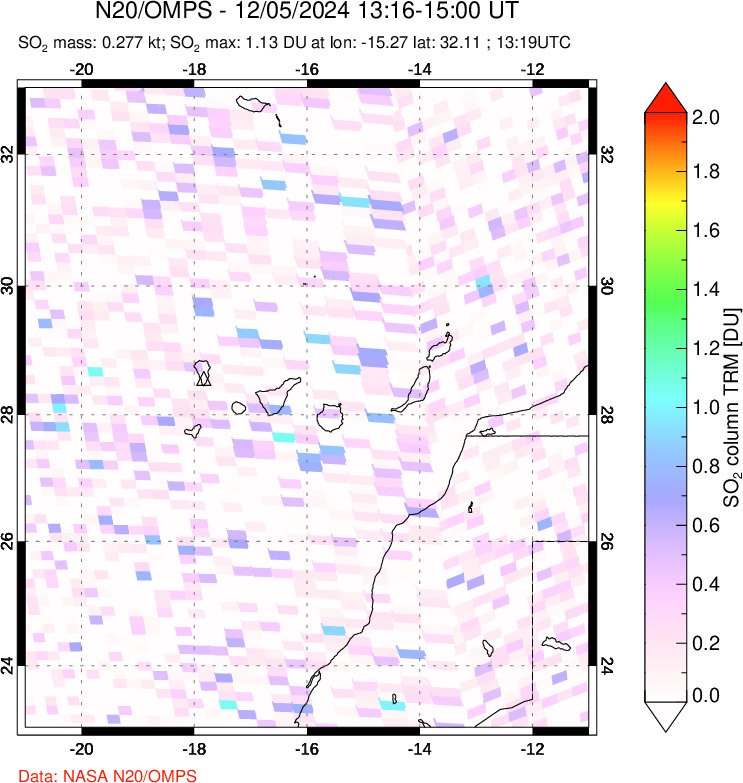 A sulfur dioxide image over Canary Islands on Dec 05, 2024.