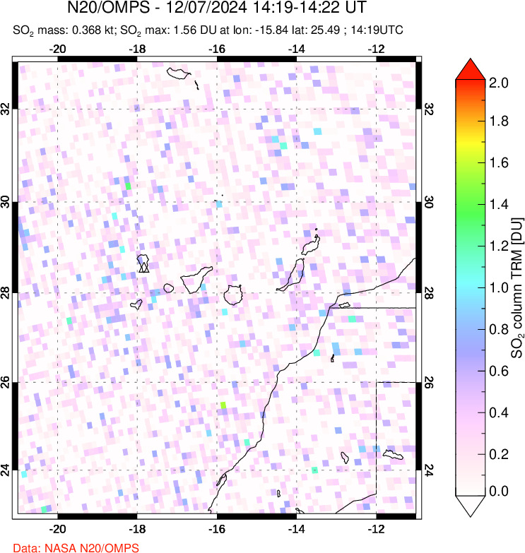 A sulfur dioxide image over Canary Islands on Dec 07, 2024.