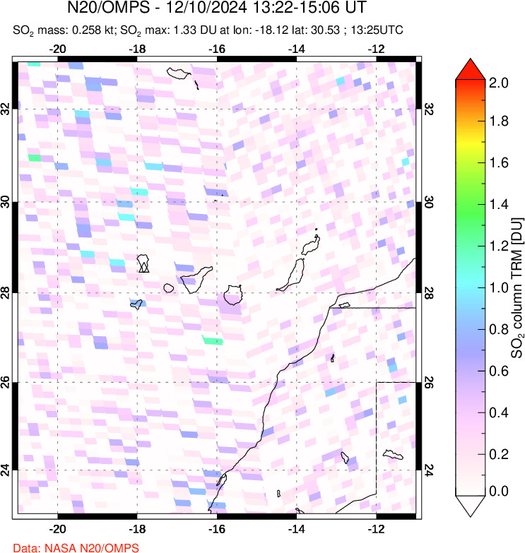 A sulfur dioxide image over Canary Islands on Dec 10, 2024.