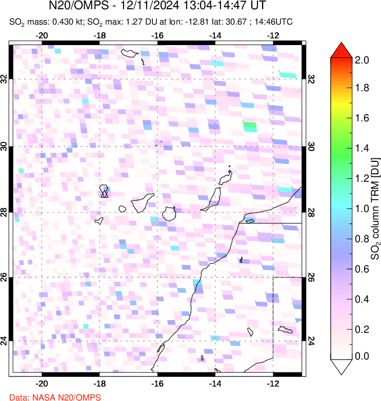 A sulfur dioxide image over Canary Islands on Dec 11, 2024.