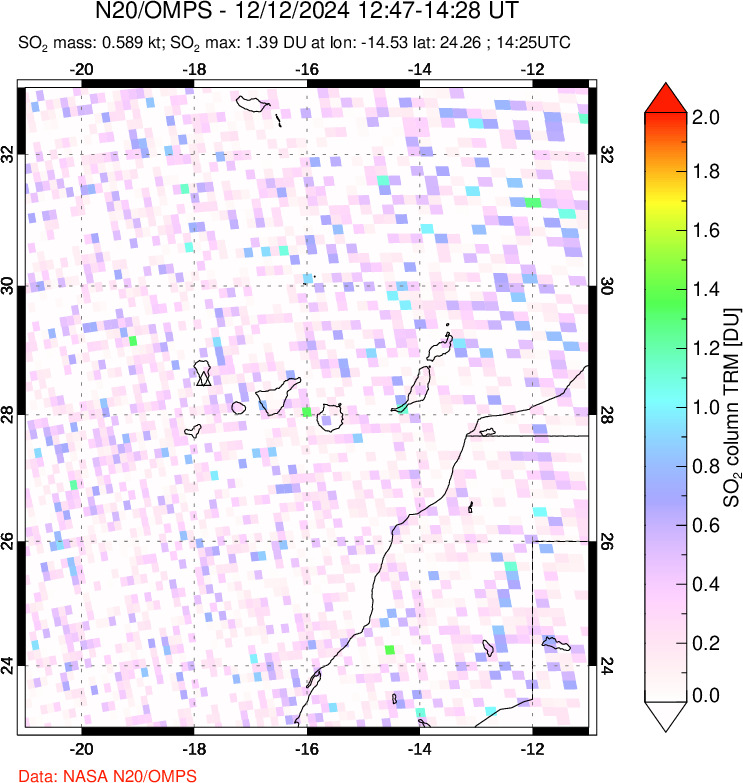 A sulfur dioxide image over Canary Islands on Dec 12, 2024.