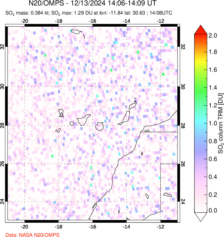 A sulfur dioxide image over Canary Islands on Dec 13, 2024.