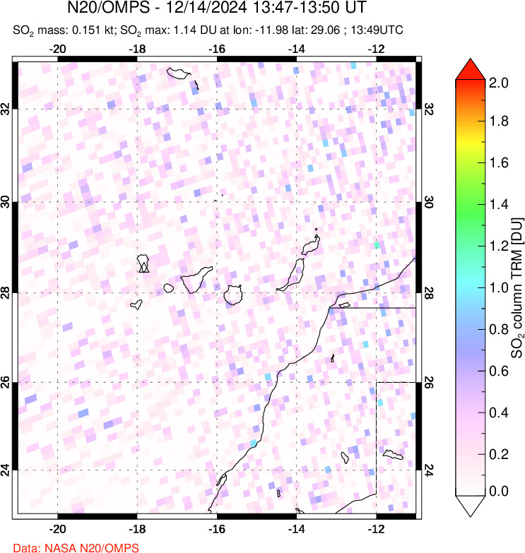 A sulfur dioxide image over Canary Islands on Dec 14, 2024.