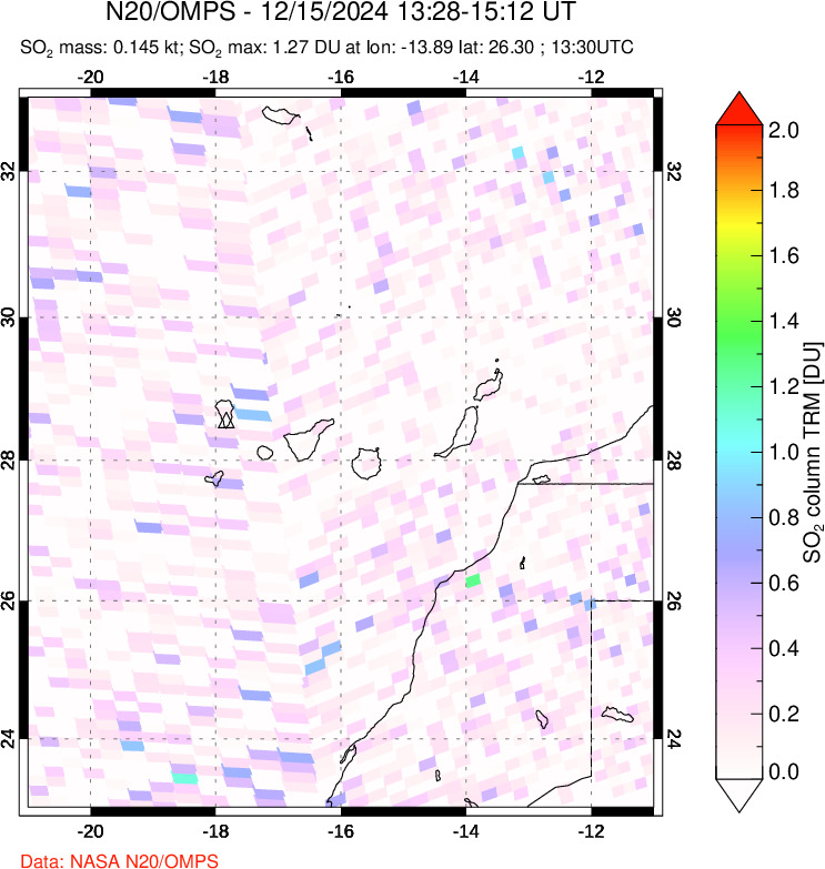 A sulfur dioxide image over Canary Islands on Dec 15, 2024.