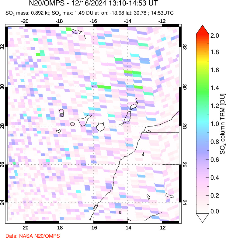 A sulfur dioxide image over Canary Islands on Dec 16, 2024.