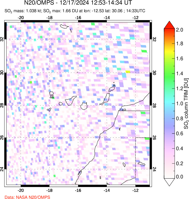 A sulfur dioxide image over Canary Islands on Dec 17, 2024.