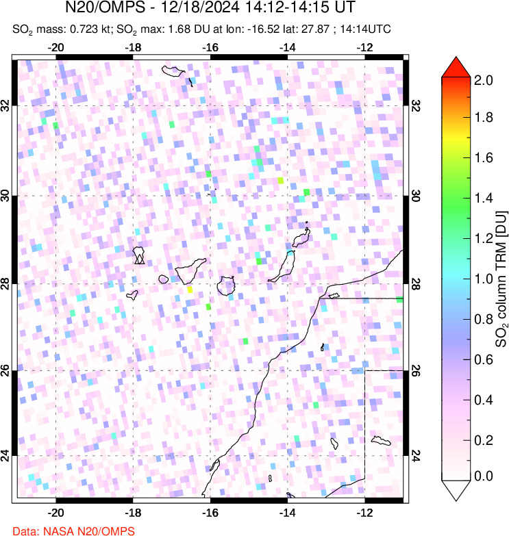 A sulfur dioxide image over Canary Islands on Dec 18, 2024.