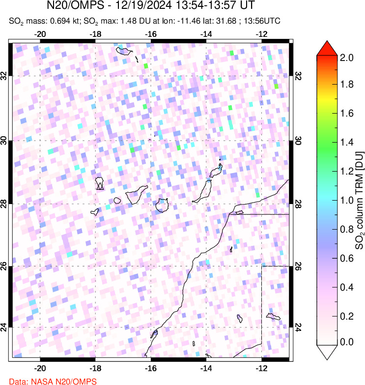 A sulfur dioxide image over Canary Islands on Dec 19, 2024.