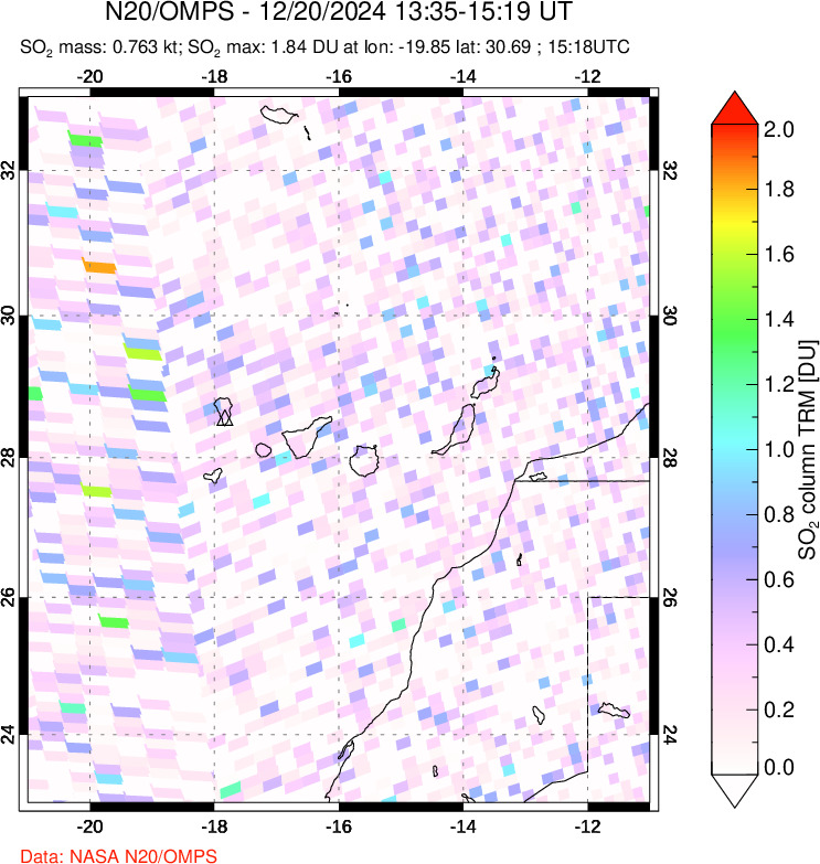 A sulfur dioxide image over Canary Islands on Dec 20, 2024.