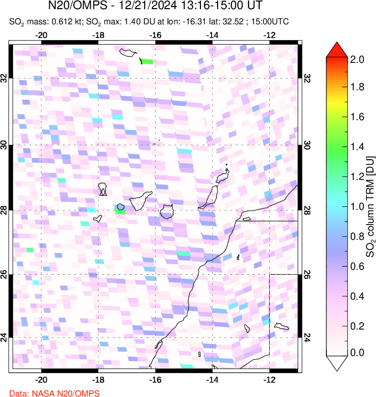 A sulfur dioxide image over Canary Islands on Dec 21, 2024.