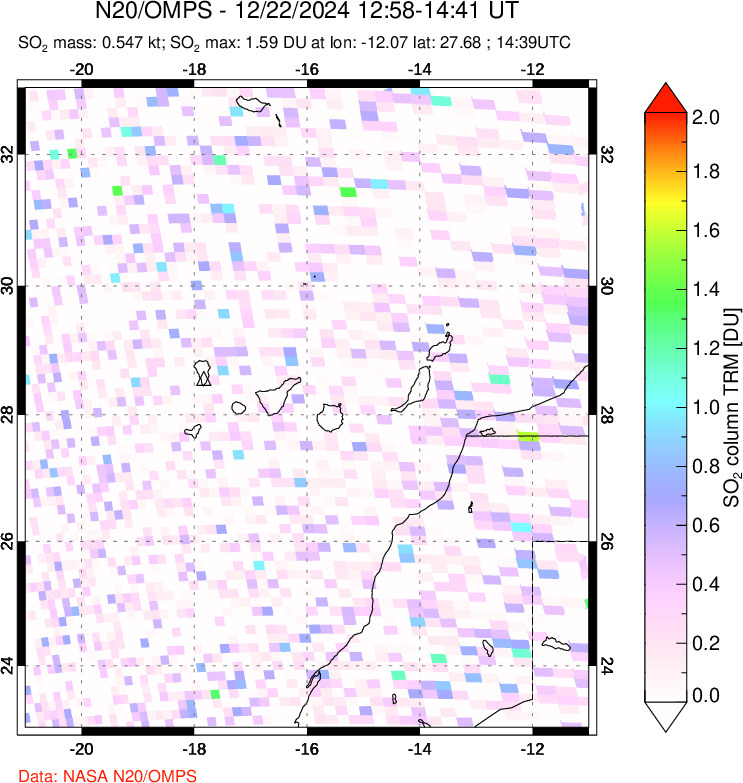 A sulfur dioxide image over Canary Islands on Dec 22, 2024.