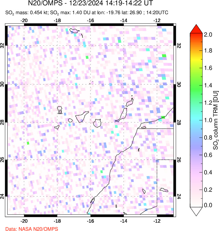 A sulfur dioxide image over Canary Islands on Dec 23, 2024.