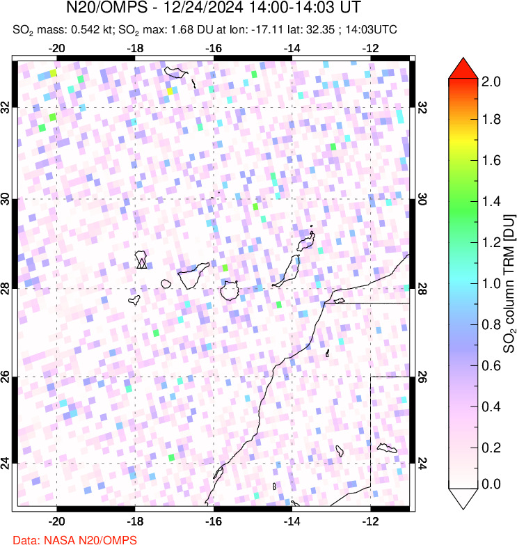 A sulfur dioxide image over Canary Islands on Dec 24, 2024.