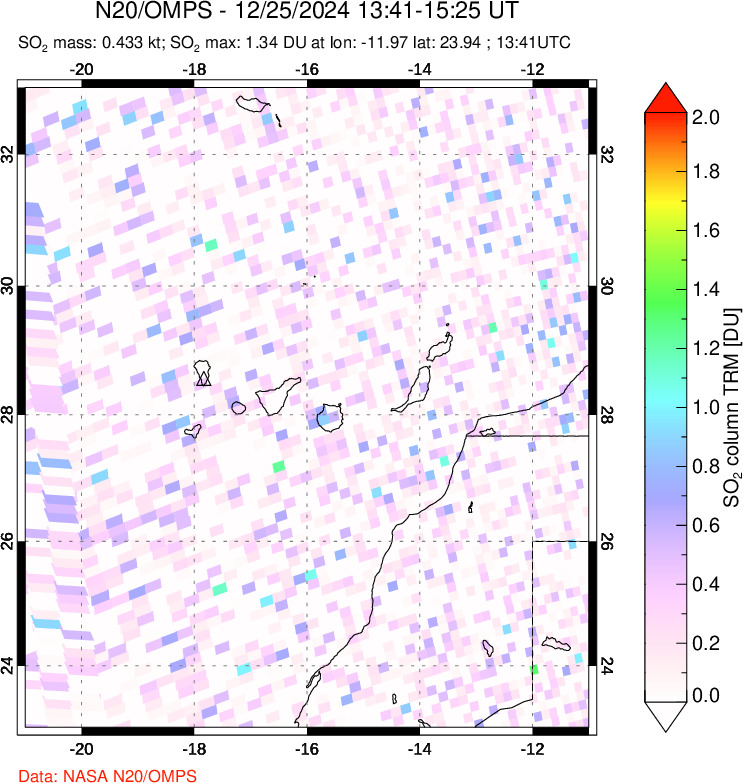 A sulfur dioxide image over Canary Islands on Dec 25, 2024.