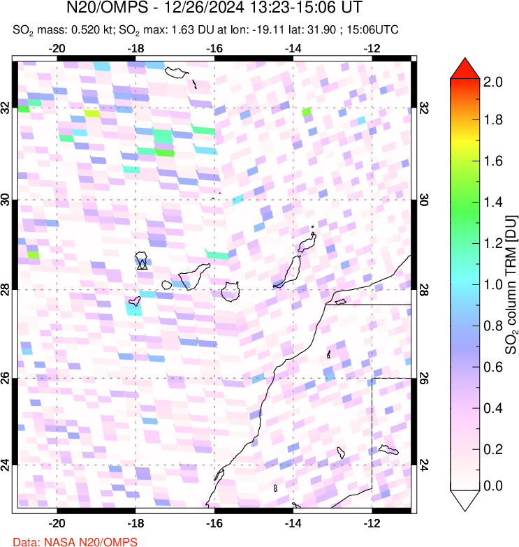 A sulfur dioxide image over Canary Islands on Dec 26, 2024.