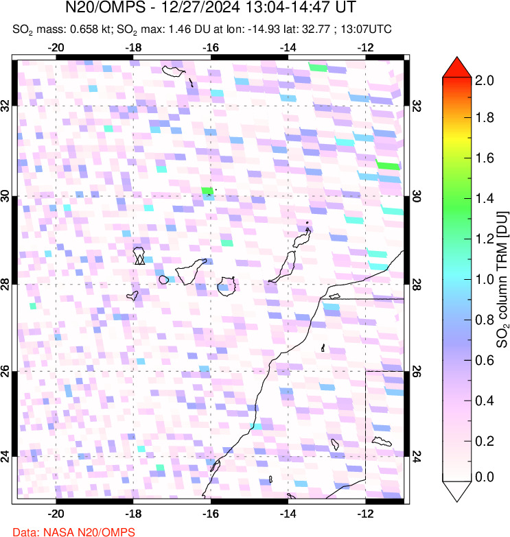 A sulfur dioxide image over Canary Islands on Dec 27, 2024.