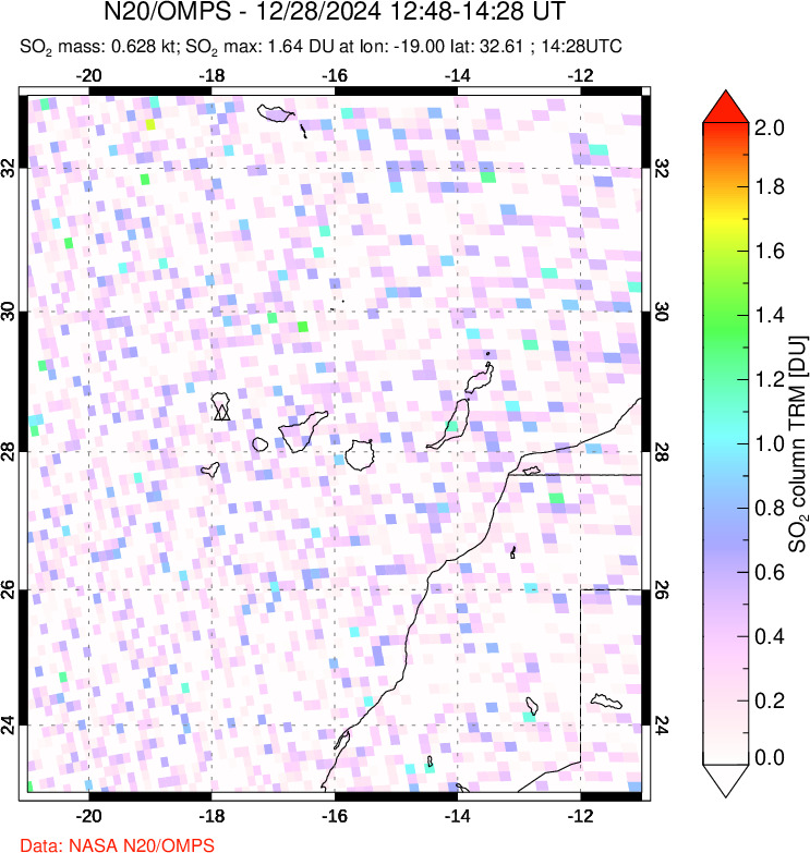 A sulfur dioxide image over Canary Islands on Dec 28, 2024.