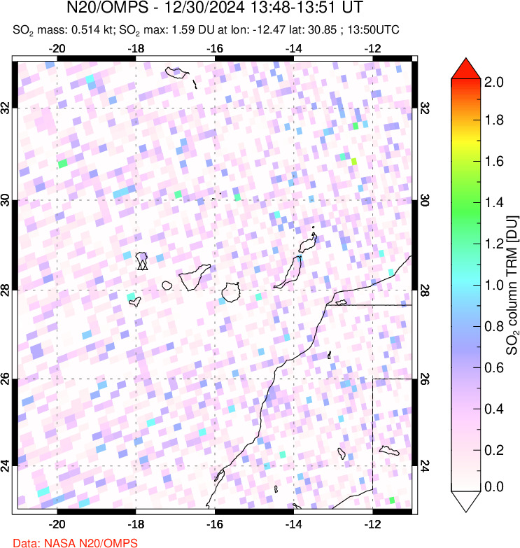 A sulfur dioxide image over Canary Islands on Dec 30, 2024.