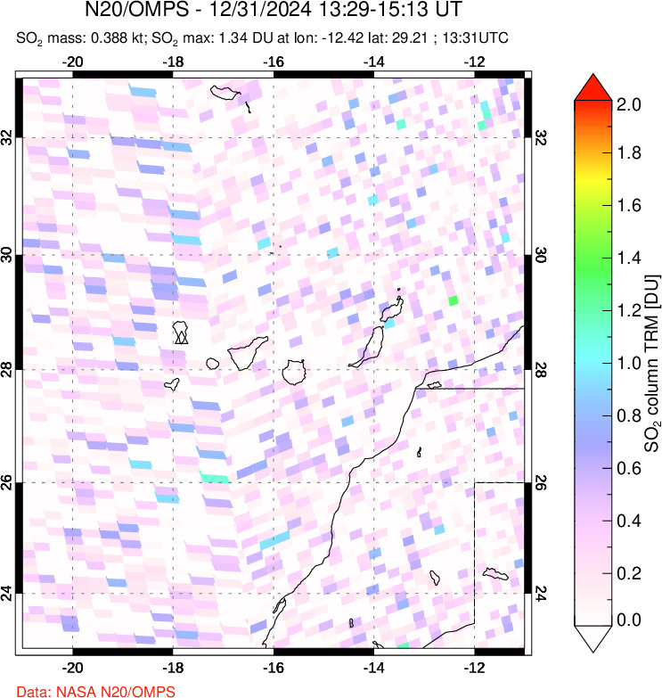 A sulfur dioxide image over Canary Islands on Dec 31, 2024.