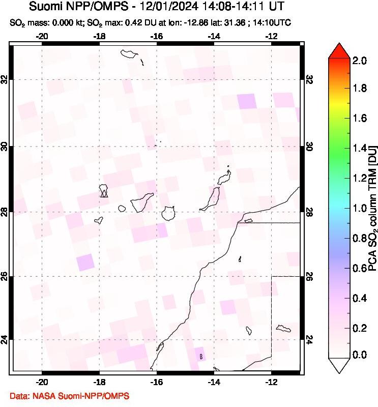 A sulfur dioxide image over Canary Islands on Dec 01, 2024.